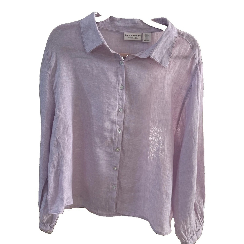 Laura Ashley Lavender 100% Linen Button Down Shirt Long Sleeve Blouse Womens XL
